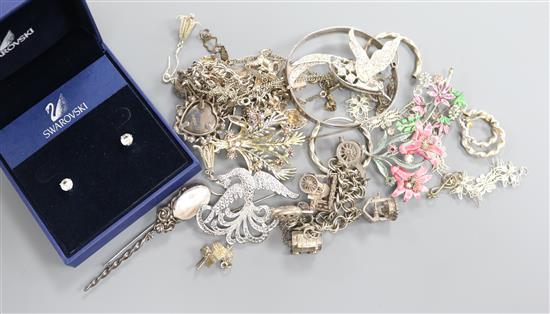 Assorted modern silver jewellery including charm bracelet, earrings and bangle and a small group of costume jewellery.